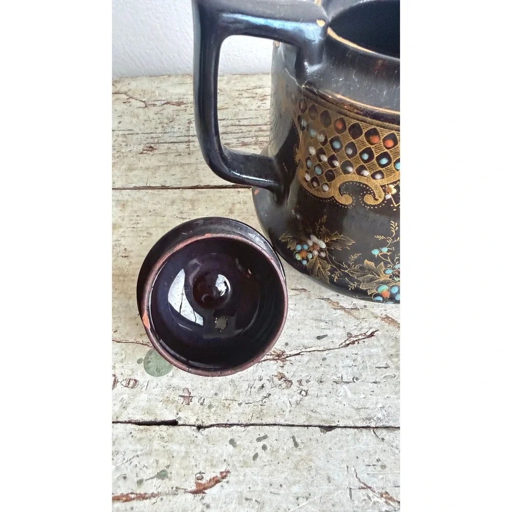 Vintage Price Bros England M&M No 8 Black Moriage Floral Teapot Gold Gilt CSGC